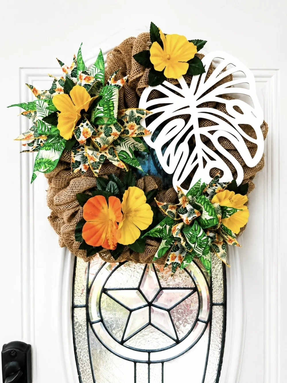Handmade Tropical Summer Wreath Hibiscus & Monstera Front Door Decor